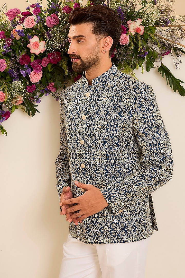 Blue Chanderi Embroidered Wedding Bandhgala by Kasbah Clothing at Pernia's Pop Up Shop