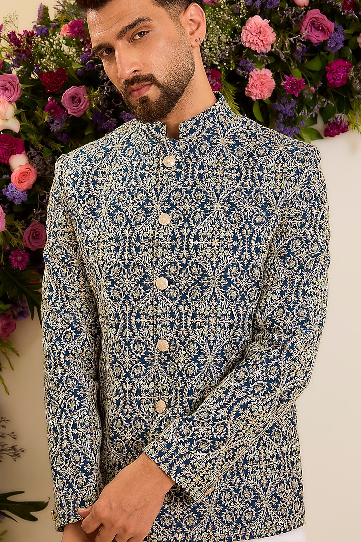 Blue Chanderi Embroidered Wedding Bandhgala by Kasbah Clothing at Pernia's Pop Up Shop