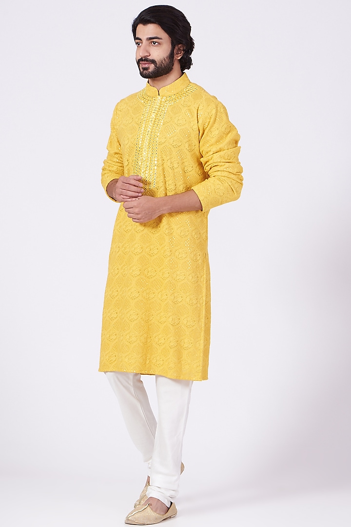 Yellow Hand Embroidered Kurta by Kasbah Clothing