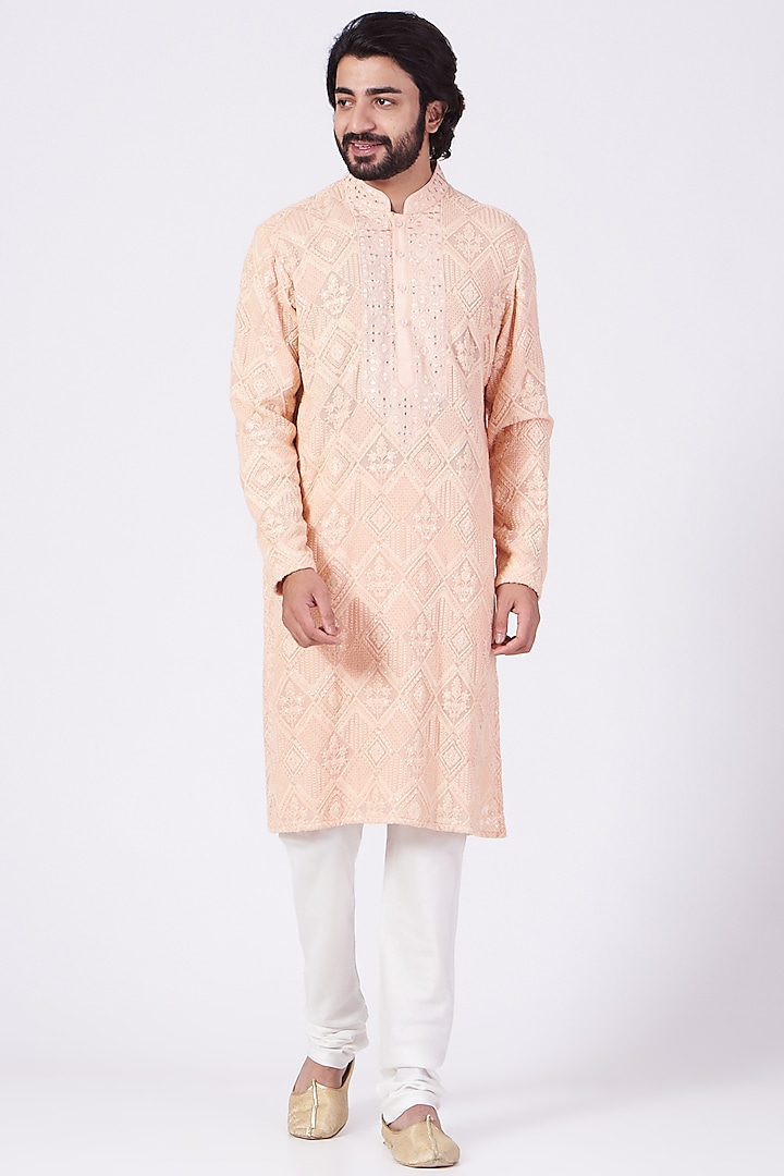 Peach Hand Embroidered Kurta by Kasbah Clothing