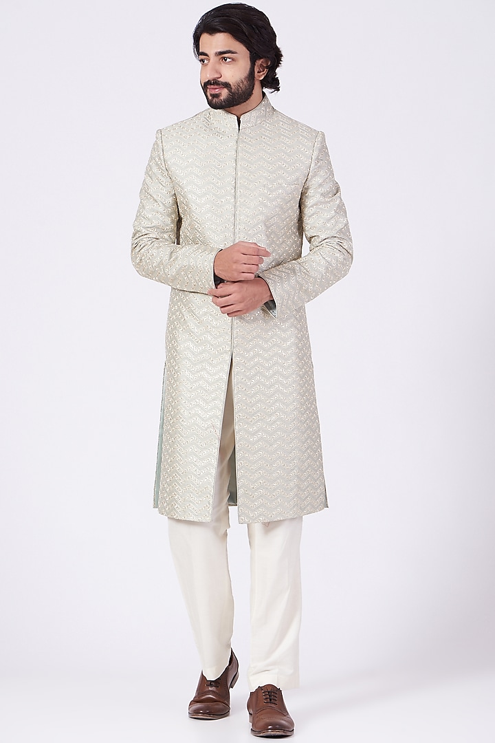 Mint Green Sherwani With Embroidery by Kasbah Clothing