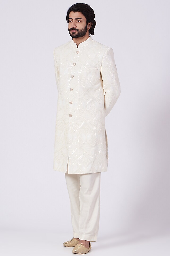 White Embroidered Sherwani by Kasbah Clothing