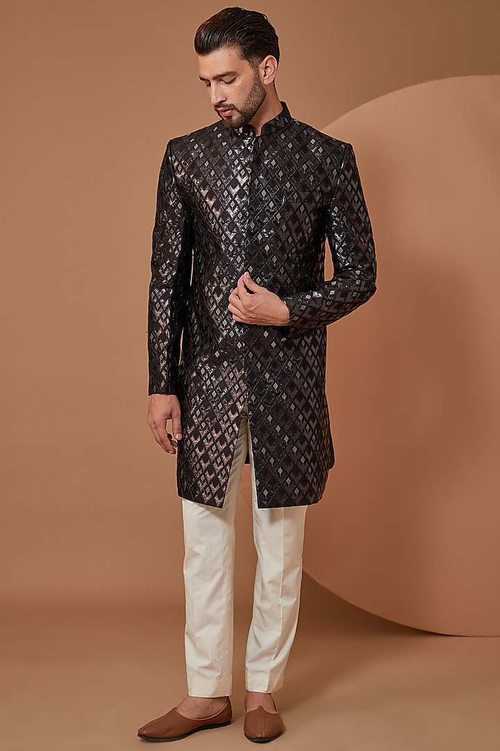 Black Chanderi Silk Sherwani  by Kasbah Clothing