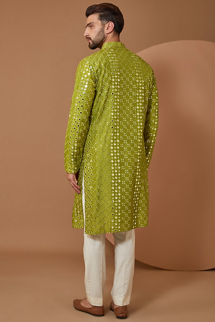 Mehendi Green Silk Embroidered Kurta by Kasbah Clothing at Pernia's Pop Up Shop