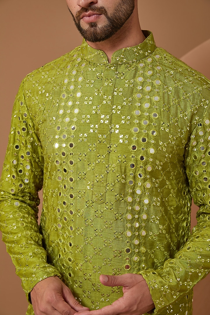 Mehendi Green Silk Embroidered Kurta by Kasbah Clothing at Pernia's Pop Up Shop