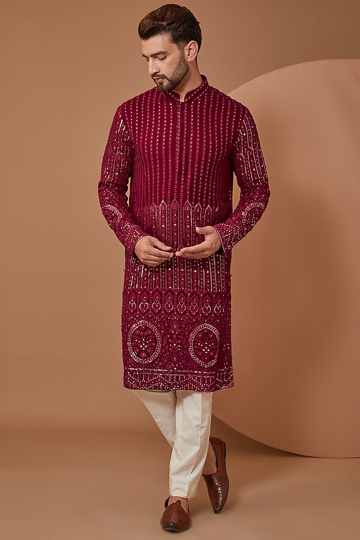 Maroon Georgette Embroidered Kurta by Kasbah Clothing at Pernia's Pop Up Shop