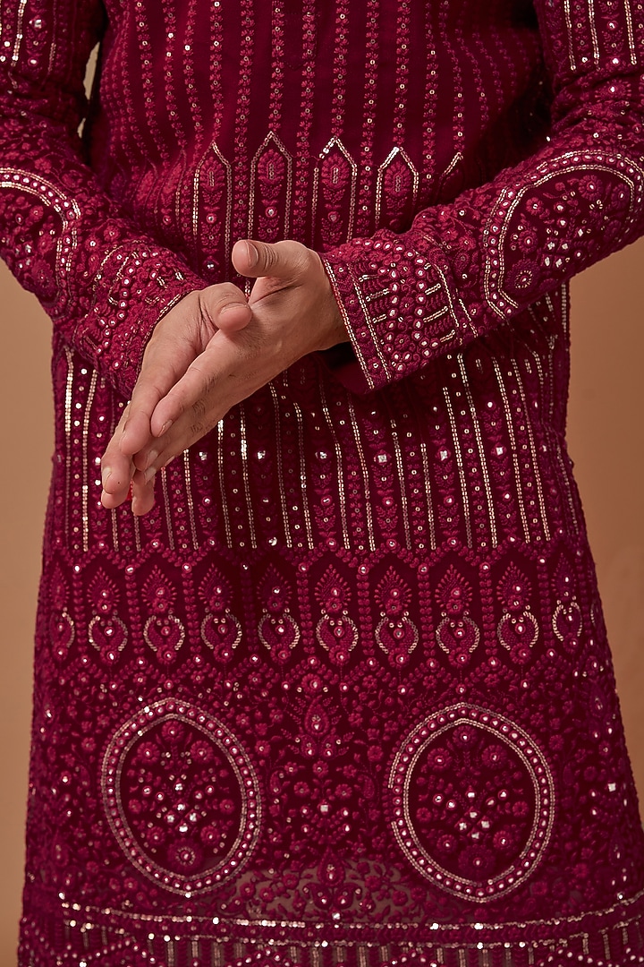 Maroon Georgette Embroidered Kurta by Kasbah Clothing at Pernia's Pop Up Shop