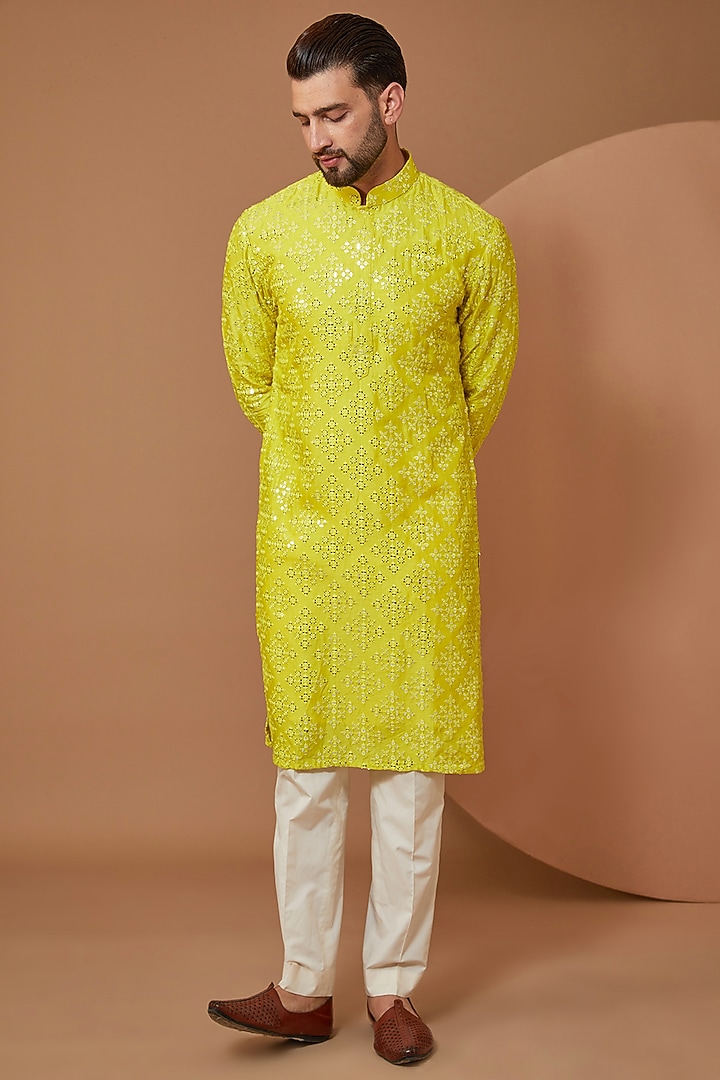 Yellow Silk Mirror Embroidered Kurta by Kasbah Clothing at Pernia's Pop Up Shop