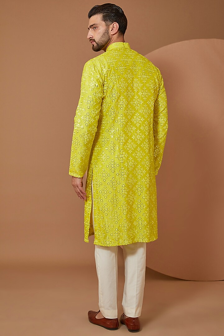 Yellow Silk Mirror Embroidered Kurta by Kasbah Clothing at Pernia's Pop Up Shop