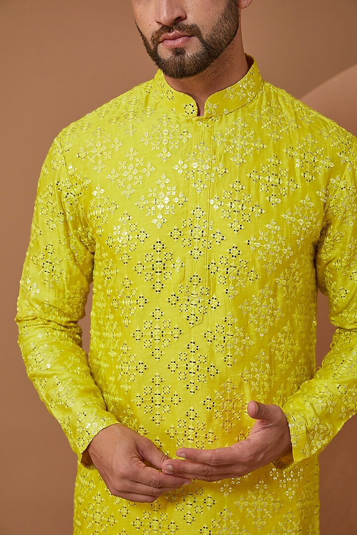 Yellow Silk Mirror Embroidered Kurta by Kasbah Clothing at Pernia's Pop Up Shop