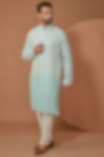 Sky Blue Ombre Silk Mirror Embroidered Kurta by Kasbah Clothing at Pernia's Pop Up Shop