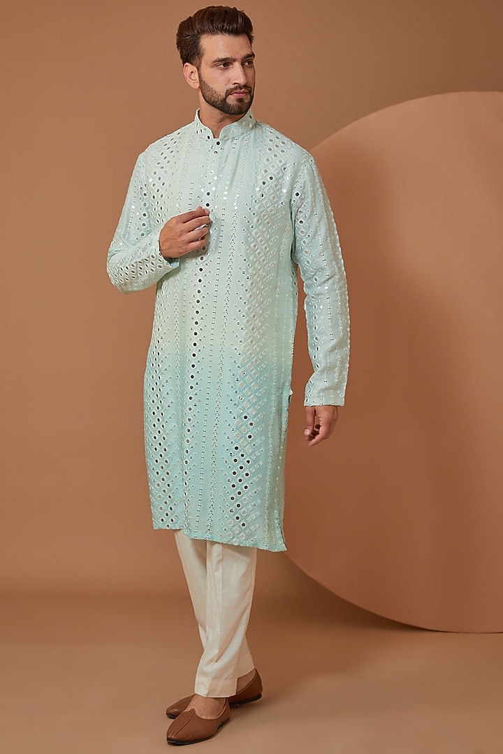 Sky Blue Ombre Silk Mirror Embroidered Kurta by Kasbah Clothing at Pernia's Pop Up Shop