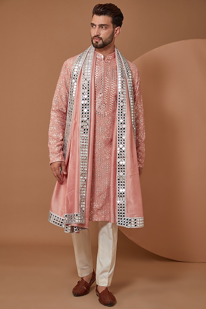 Peach Silk Mirror Embroidered Kurta With Stole by Kasbah Clothing