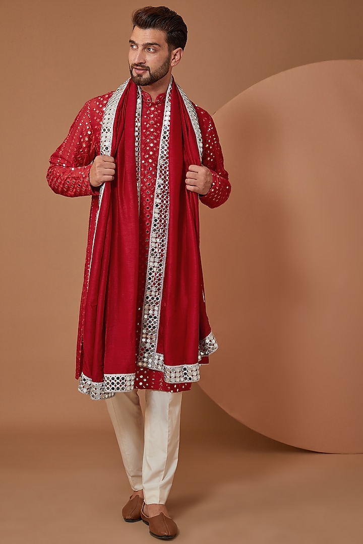 Red Silk Mirror Embroidered Kurta With Stole by Kasbah Clothing