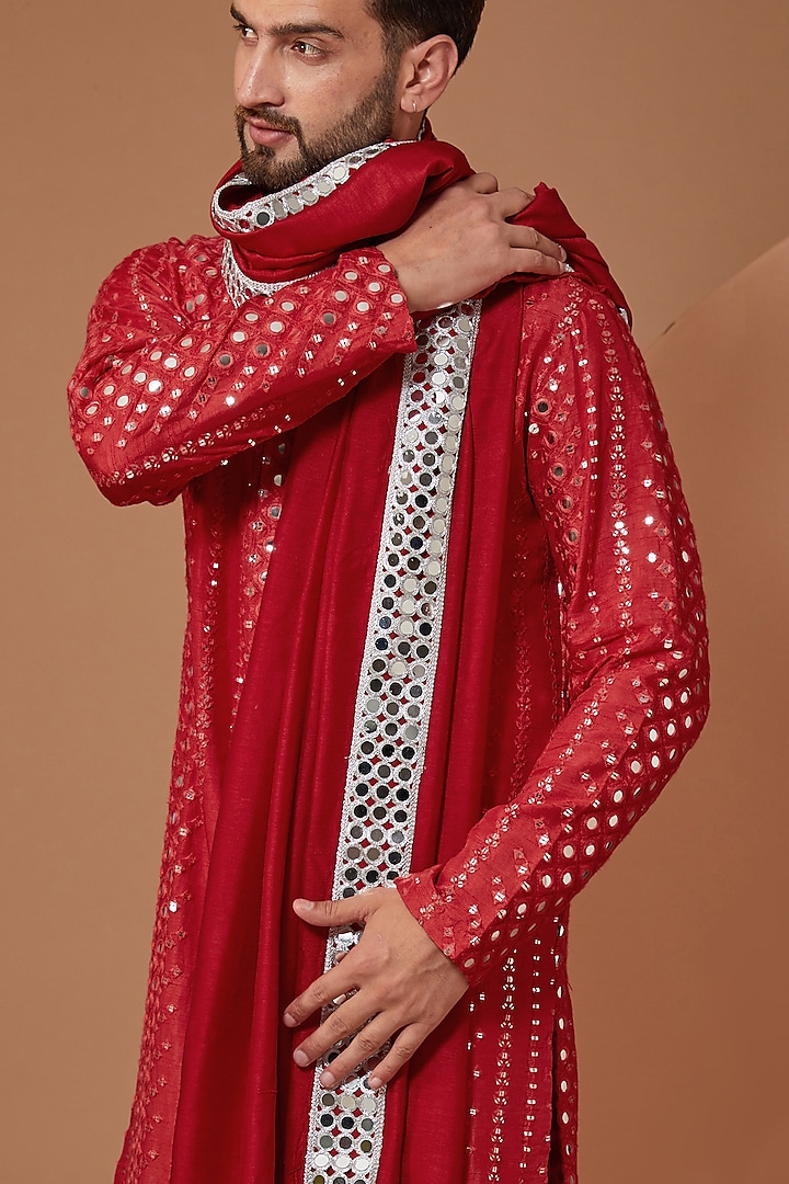 Red Silk Mirror Embroidered Kurta With Stole by Kasbah Clothing at Pernia's Pop Up Shop