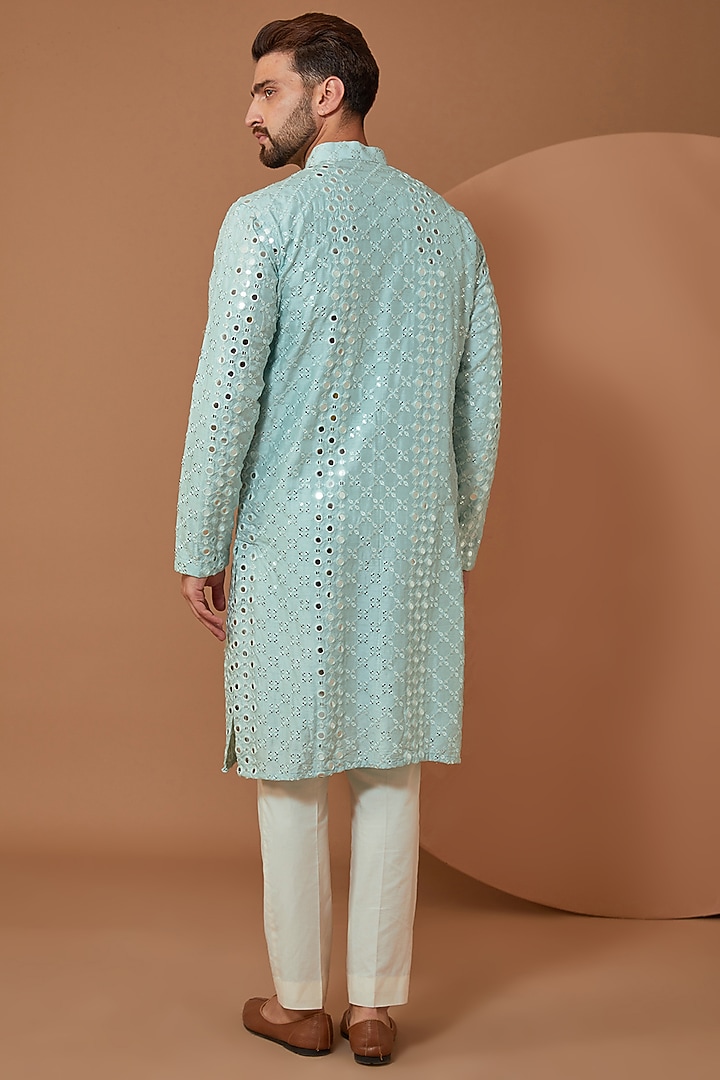 Sky Blue Silk Mirror Embroidered Kurta by Kasbah Clothing at Pernia's Pop Up Shop