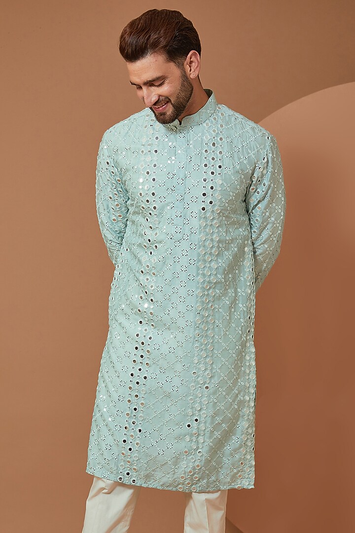 Sky Blue Silk Mirror Embroidered Kurta by Kasbah Clothing at Pernia's Pop Up Shop