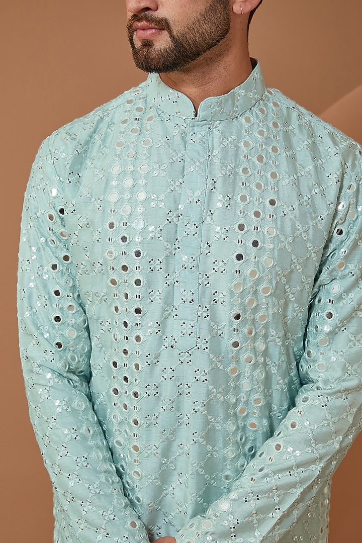Sky Blue Silk Mirror Embroidered Kurta by Kasbah Clothing at Pernia's Pop Up Shop