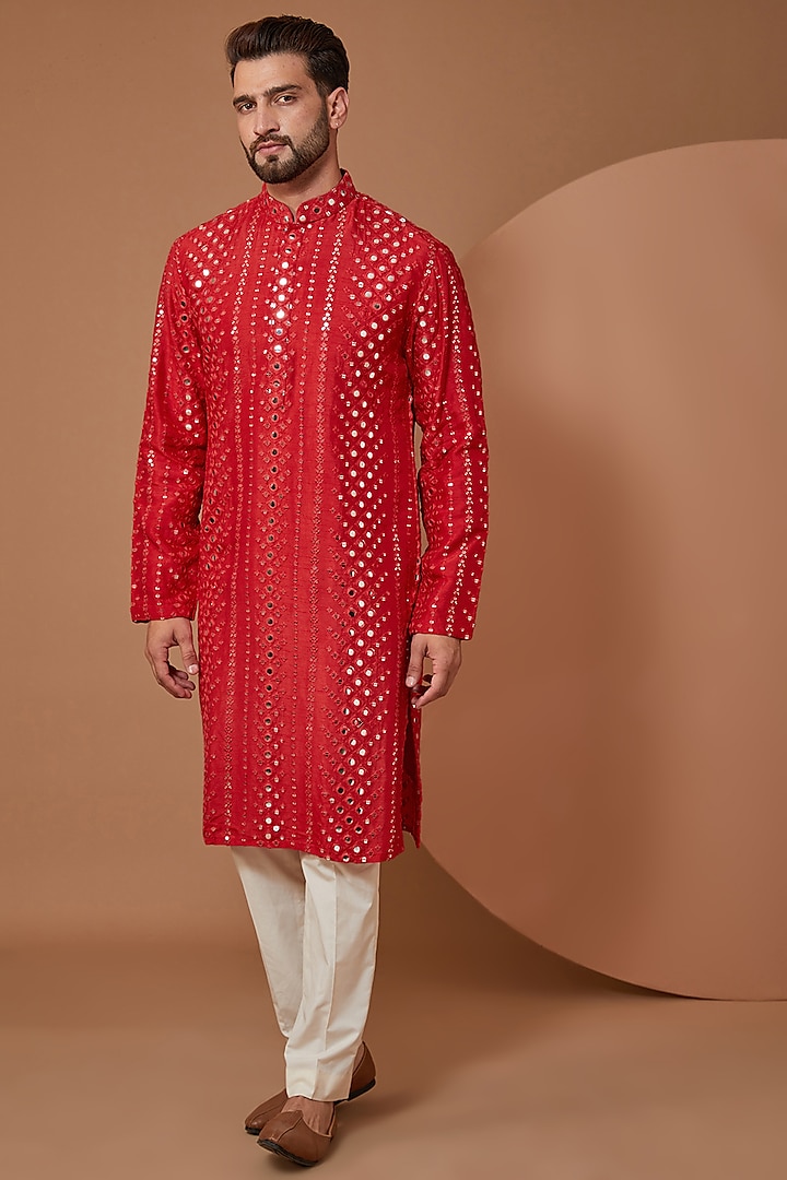 Red Silk Thread Embroidered Kurta by Kasbah Clothing