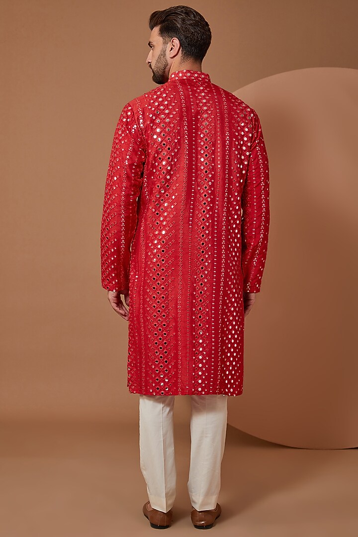 Red Silk Mirror Embroidered Kurta by Kasbah Clothing at Pernia's Pop Up Shop