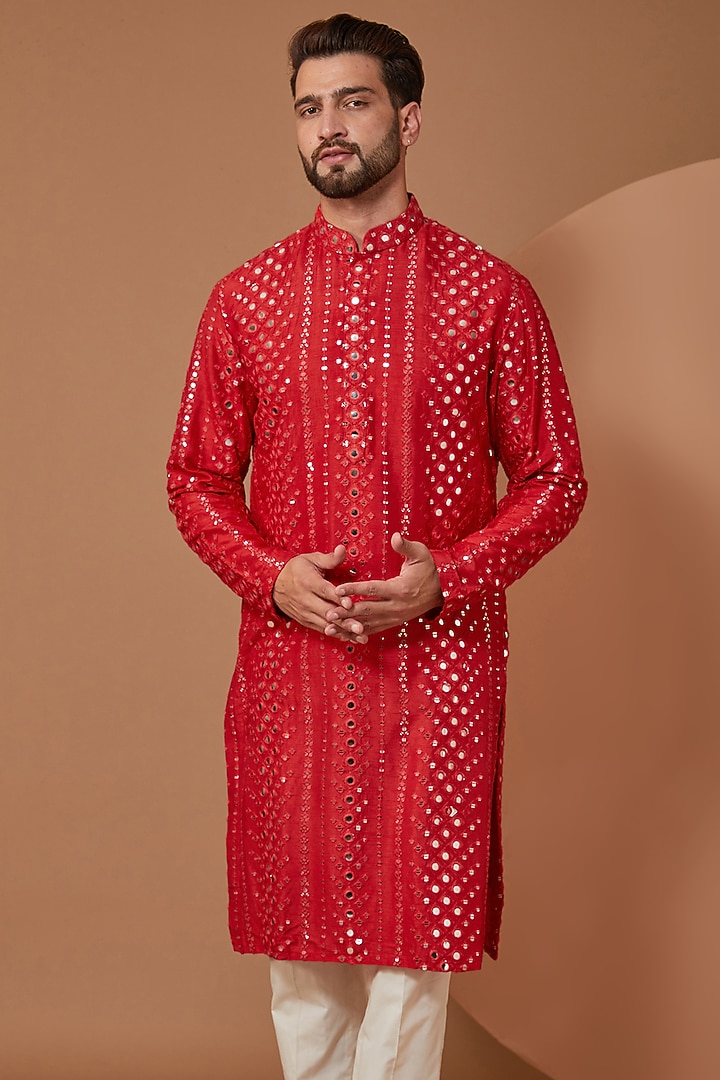 Red Silk Mirror Embroidered Kurta by Kasbah Clothing at Pernia's Pop Up Shop
