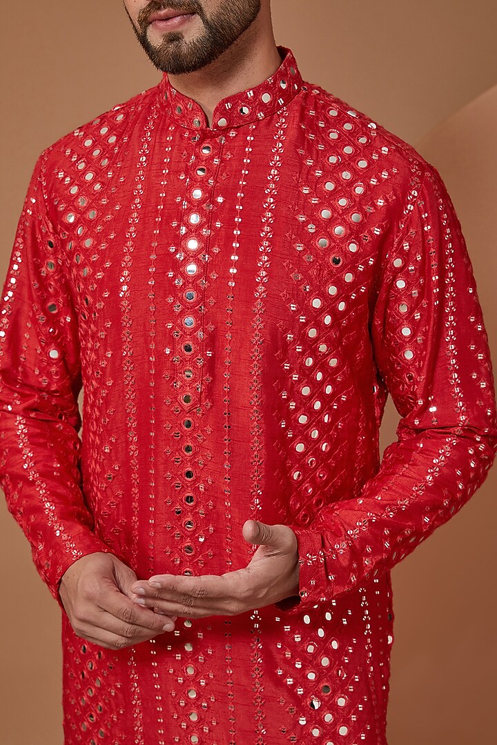 Red Silk Mirror Embroidered Kurta by Kasbah Clothing at Pernia's Pop Up Shop