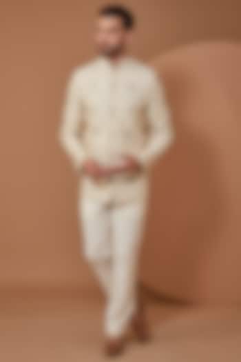 Ivory Cream Chanderi Silk Thread Embroidered Wedding Bandhgala by Kasbah Clothing at Pernia's Pop Up Shop