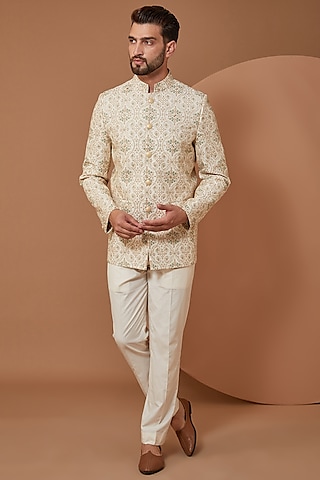 Ivory Cream Chanderi Silk Thread Embroidered Bandhgala by Kasbah Clothing