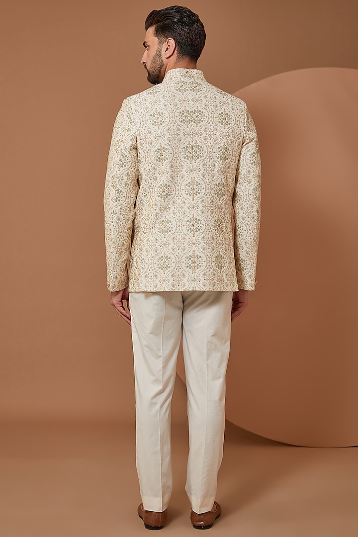 Ivory Cream Chanderi Silk Thread Embroidered Wedding Bandhgala by Kasbah Clothing at Pernia's Pop Up Shop