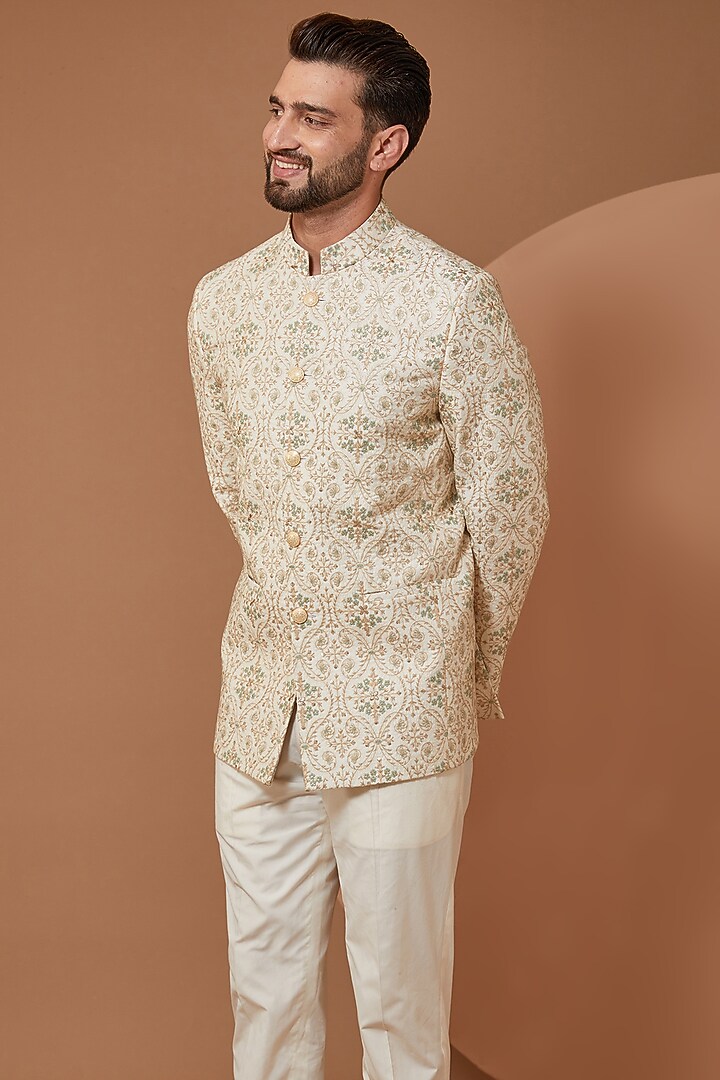 Ivory Cream Chanderi Silk Thread Embroidered Wedding Bandhgala by Kasbah Clothing at Pernia's Pop Up Shop