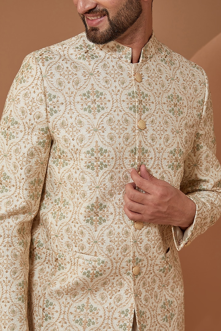 Ivory Cream Chanderi Silk Thread Embroidered Wedding Bandhgala by Kasbah Clothing at Pernia's Pop Up Shop