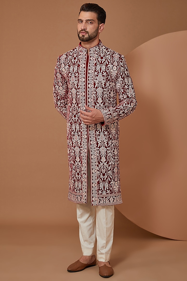 Maroon Velvet Thread Embroidered Jamawar Sherwani by Kasbah Clothing