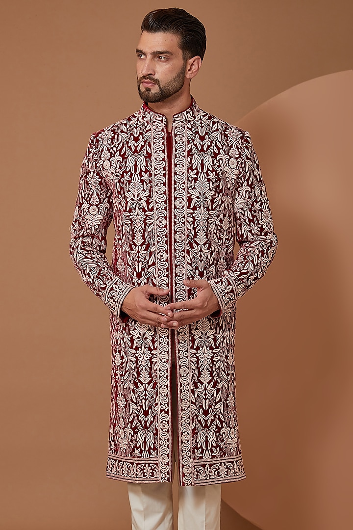 Maroon Velvet Thread Embroidered Jamawar Wedding Sherwani by Kasbah Clothing at Pernia's Pop Up Shop