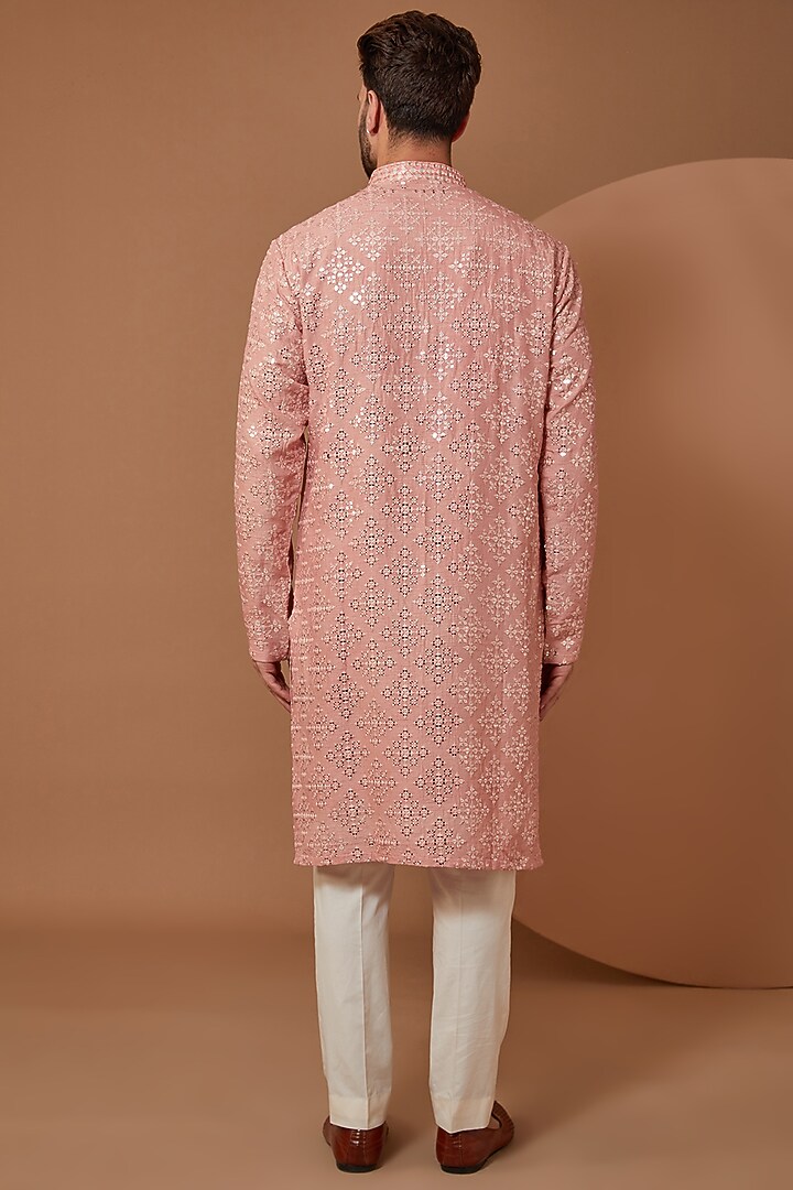 Peach Silk Mirror Hand Embroidered Kurta by Kasbah Clothing at Pernia's Pop Up Shop