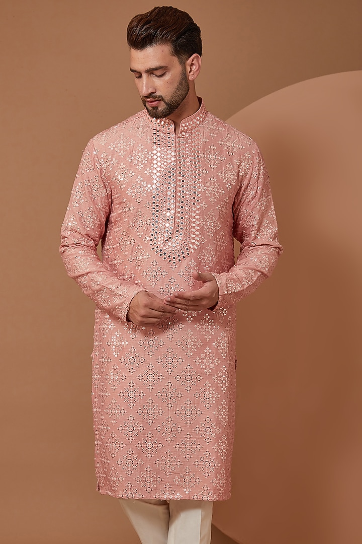 Peach Silk Mirror Hand Embroidered Kurta by Kasbah Clothing at Pernia's Pop Up Shop