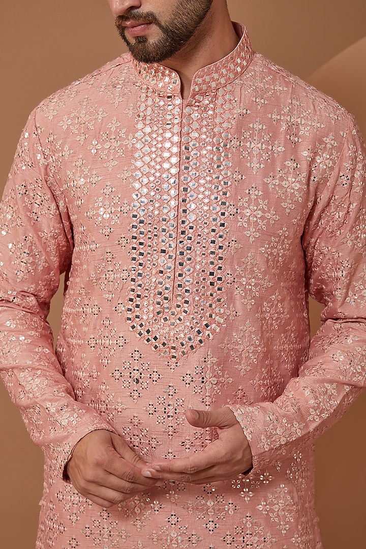 Peach Silk Mirror Hand Embroidered Kurta by Kasbah Clothing at Pernia's Pop Up Shop