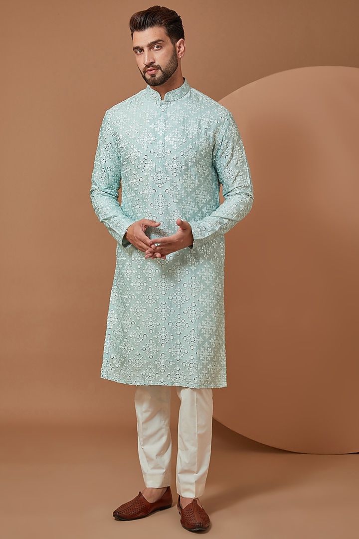 Ice Blue Silk Mirror Embroidered Kurta by Kasbah Clothing at Pernia's Pop Up Shop