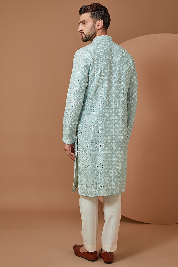 Ice Blue Silk Mirror Embroidered Kurta by Kasbah Clothing at Pernia's Pop Up Shop