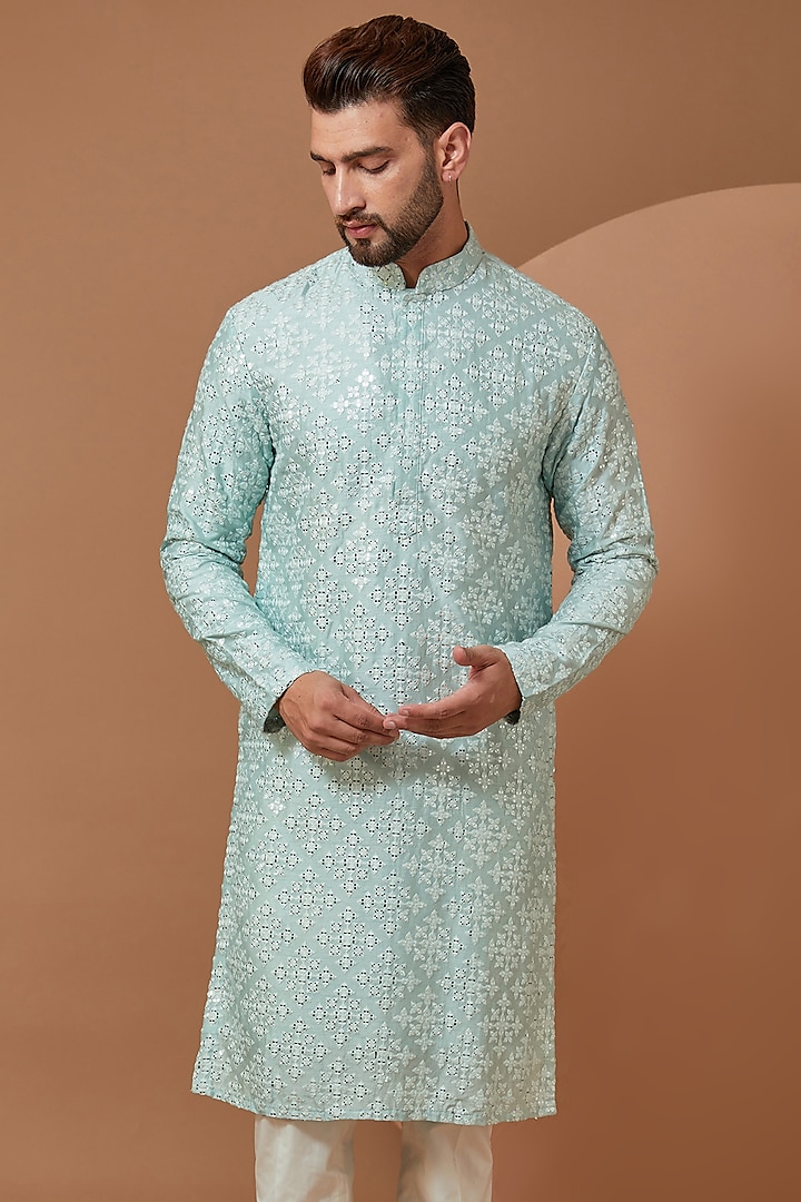 Ice Blue Silk Mirror Embroidered Kurta by Kasbah Clothing at Pernia's Pop Up Shop