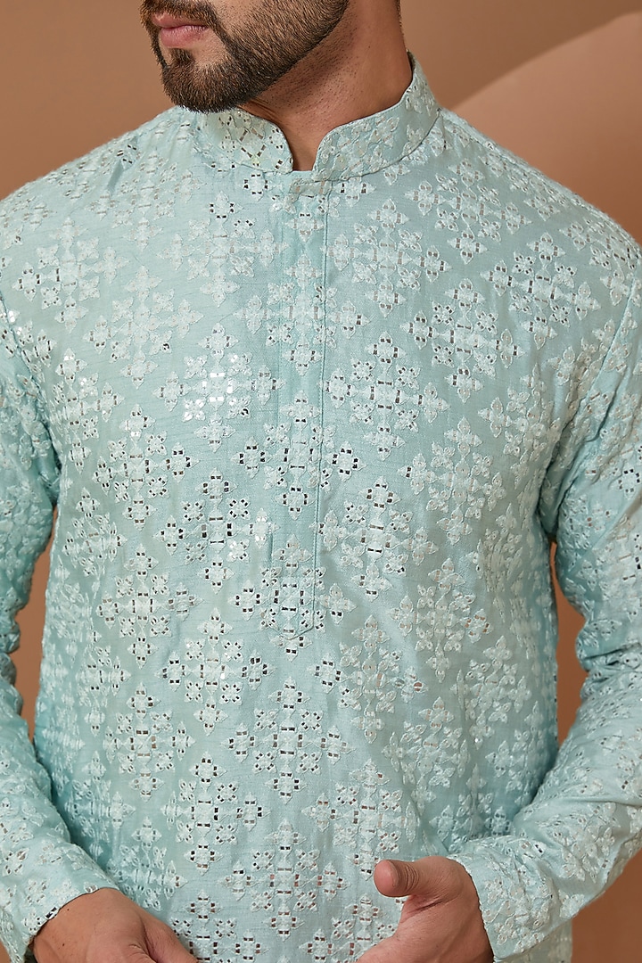 Ice Blue Silk Mirror Embroidered Kurta by Kasbah Clothing at Pernia's Pop Up Shop