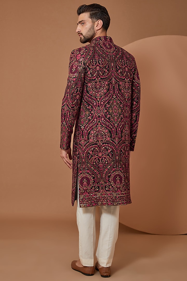 Black Georgette Multi-Color Thread Embroidered Jamawar Wedding Sherwani by Kasbah Clothing at Pernia's Pop Up Shop