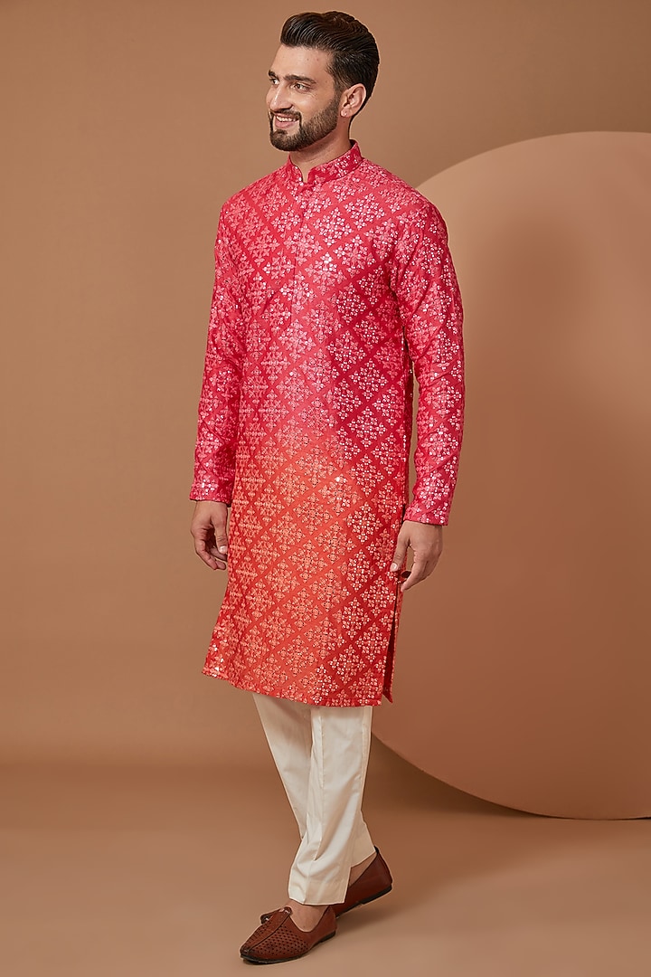 Hot Pink & Orange Ombre Silk Mirror Embroidered Kurta by Kasbah Clothing at Pernia's Pop Up Shop