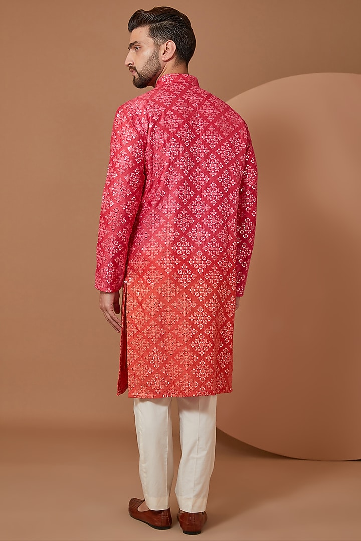 Hot Pink & Orange Ombre Silk Mirror Embroidered Kurta by Kasbah Clothing at Pernia's Pop Up Shop