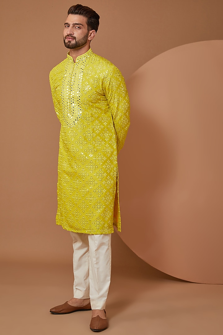 Bright Yellow Silk Mirror Hand Embroidered Kurta by Kasbah Clothing at Pernia's Pop Up Shop