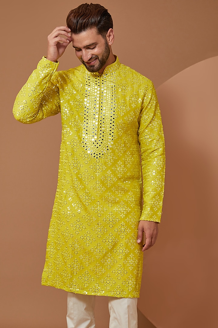 Bright Yellow Silk Mirror Hand Embroidered Kurta by Kasbah Clothing at Pernia's Pop Up Shop