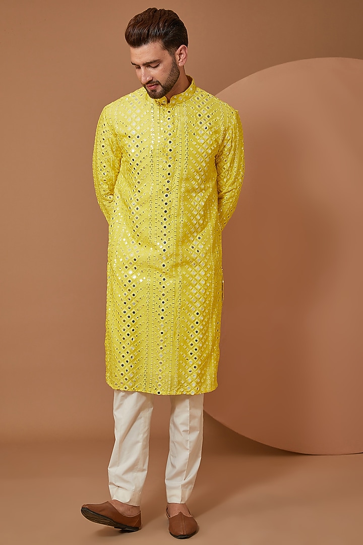 Bright Yellow Silk Mirror Embroidered Kurta by Kasbah Clothing at Pernia's Pop Up Shop