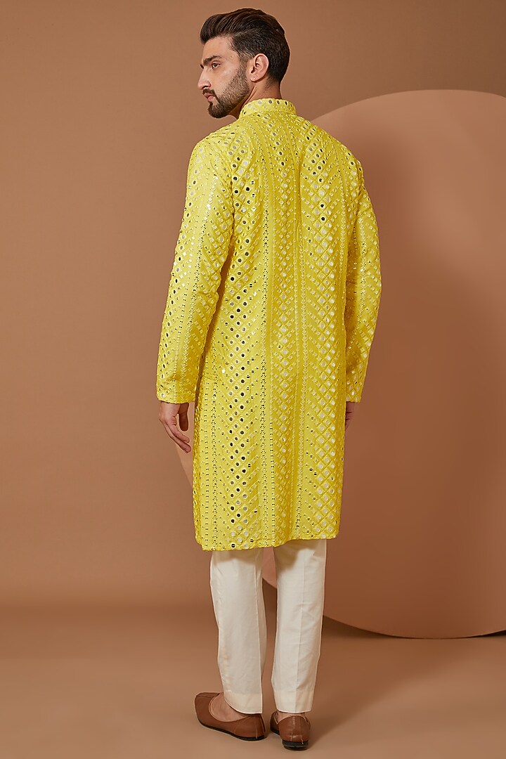 Bright Yellow Silk Mirror Embroidered Kurta by Kasbah Clothing at Pernia's Pop Up Shop