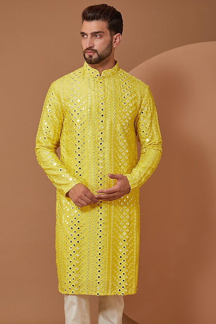 Bright Yellow Silk Mirror Embroidered Kurta by Kasbah Clothing at Pernia's Pop Up Shop