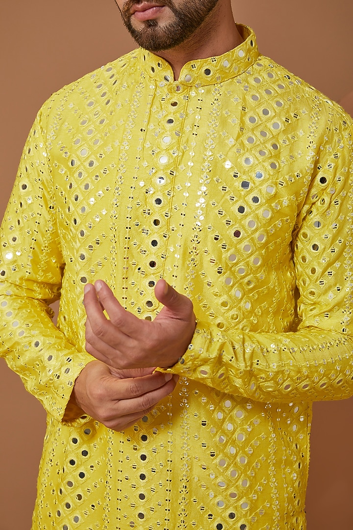 Bright Yellow Silk Mirror Embroidered Kurta by Kasbah Clothing at Pernia's Pop Up Shop