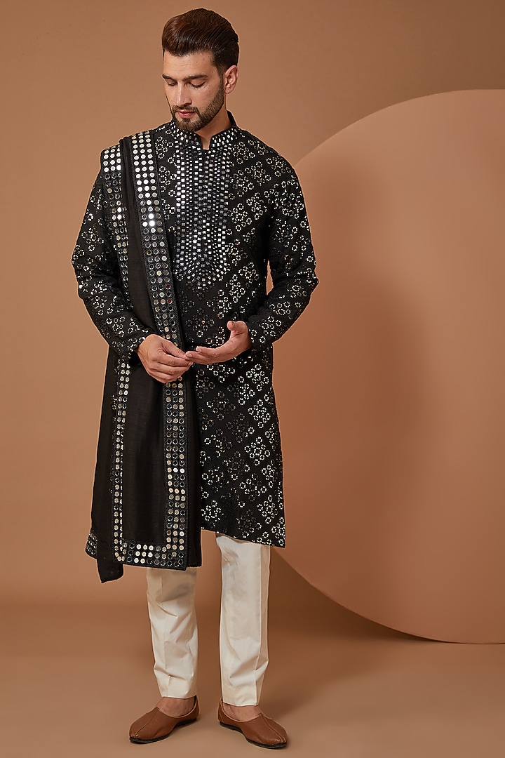Black Silk Mirror Embroidered Kurta With Stole by Kasbah Clothing at Pernia's Pop Up Shop